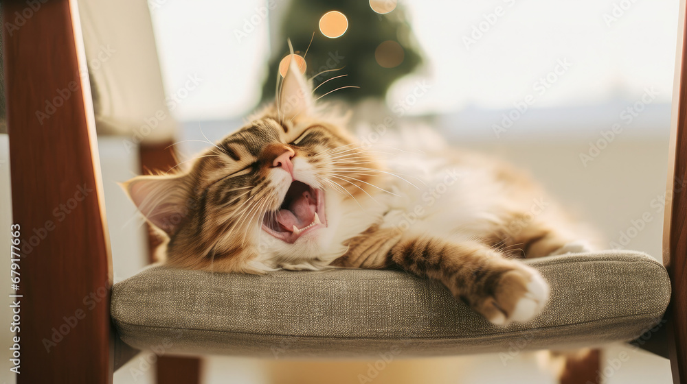 Cute cat lying on modern armchair and yawning on background of stylish decorated christmas tree in sunny room. Pet and winter holidays. Atmospheric cozy christmas tim