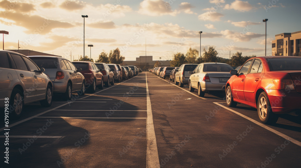 Line of cars parked in the parking lot