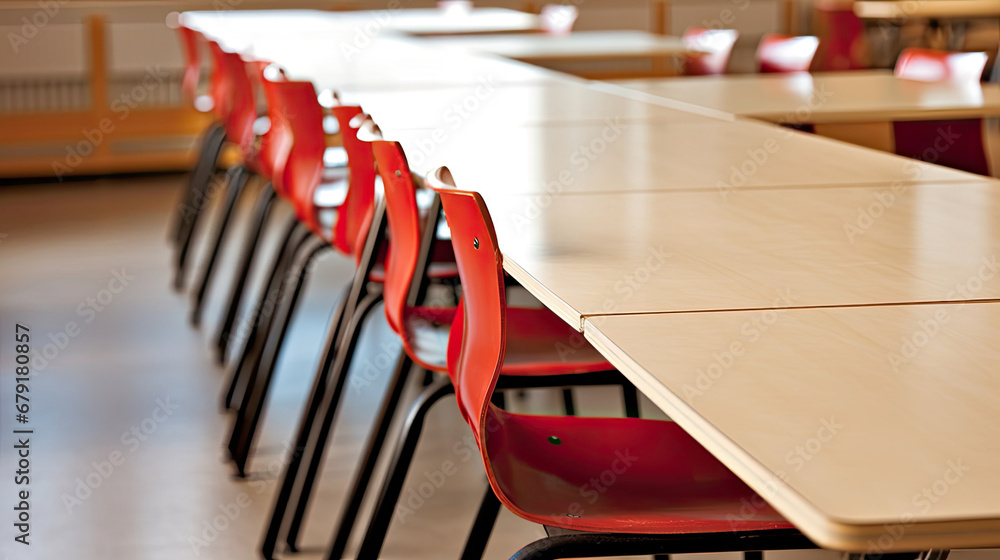 Closeup view of some empty chairs and tables in a classroom in a school seminar or conference room, selective focus, lots of copy space