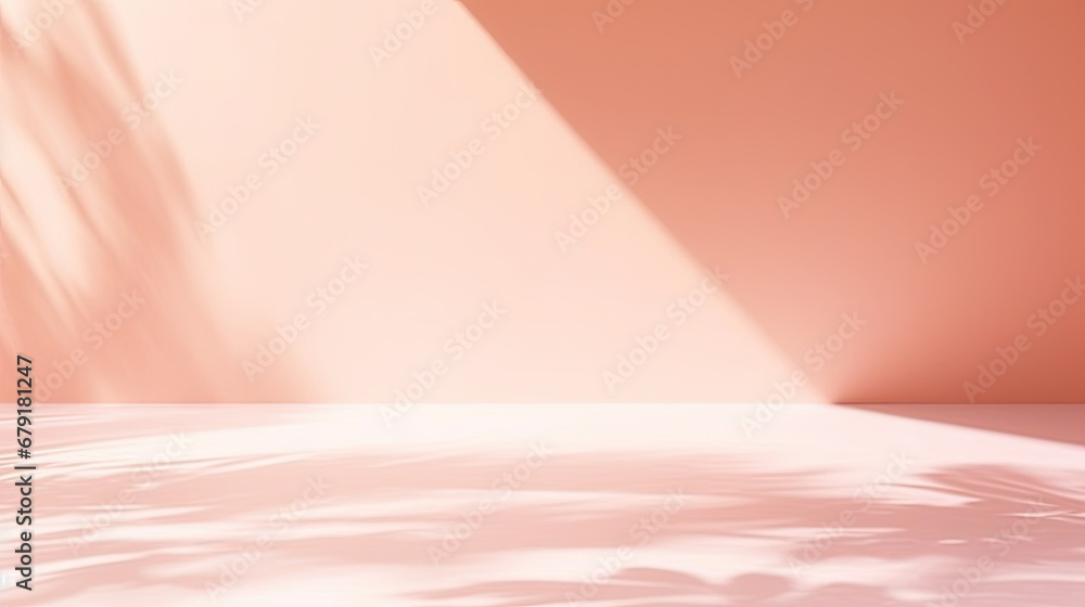 Abstract minimal empty pink and white 3d room background. Modern Studio showcase with copy space. Mock up scene with natural window shadows, dappled light overlay effect. red empty room