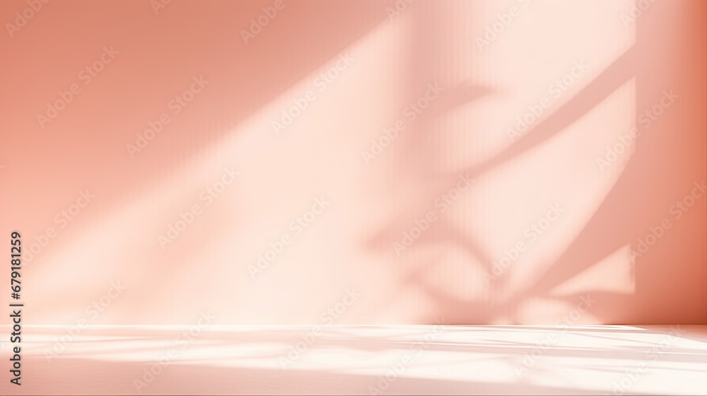 Abstract minimal empty pink and white 3d room background. Modern Studio showcase with copy space. Mock up scene with natural window shadows, dappled light overlay effect. red empty room