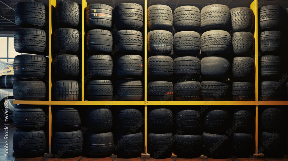 Tires in a tire store, Spare tire car, Seasonal tire change