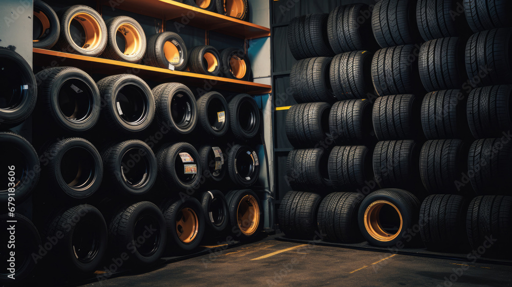 Tires in a tire store, Spare tire car, Seasonal tire change