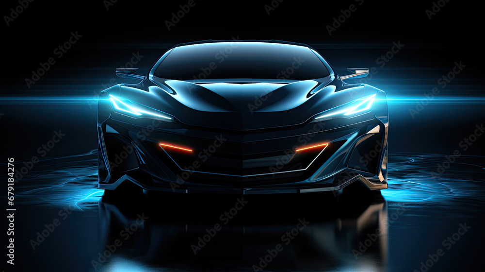 blue racing car, Car blue headlights, shape concept art dark