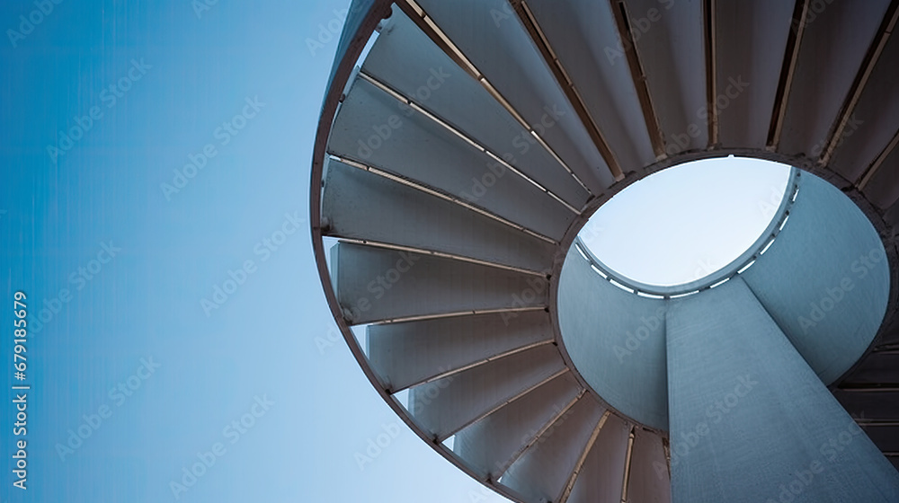 spiral staircase in the sky, Low angle shot of curved spiral stairs under a bright blue sky