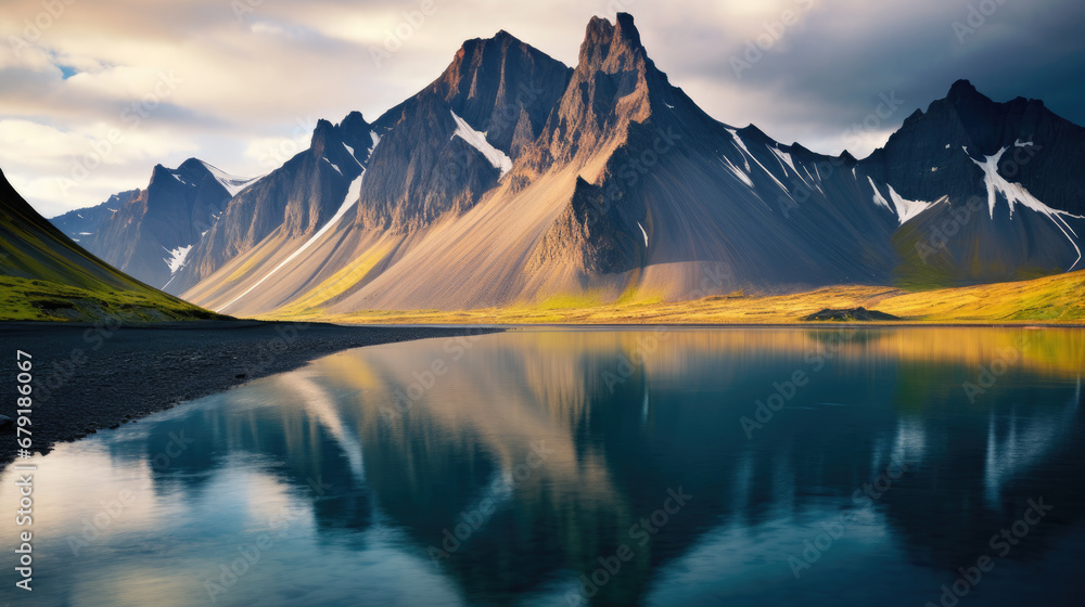 sunset over the mountains,  summer scene of Stokksnes headland with Vestrahorn (Batman Mountain). Iceland, Europe. Artistic style post processed