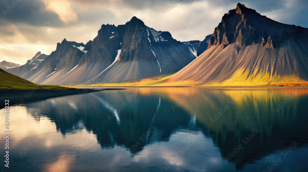 sunset over the mountains,  summer scene of Stokksnes headland with Vestrahorn (Batman Mountain). Iceland, Europe. Artistic style post processed