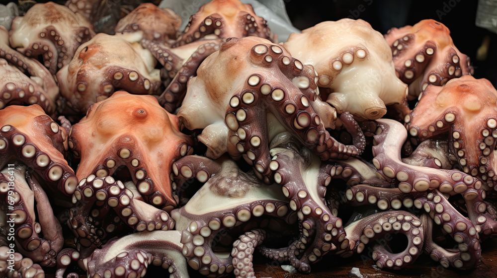 Fresh octopus  vulgaris on the counter of a fish markets