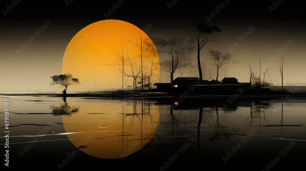 sunset over the lake, Abstract landscape minimalist, orange black art wallpaper illusrtration