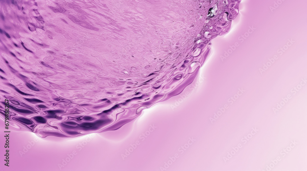 Transparent purple liquid colored clear water surface texture with ripples, splashes and bubbles. Abstract nature background Water waves in sunlight with copy space , soft purple water, blue	 