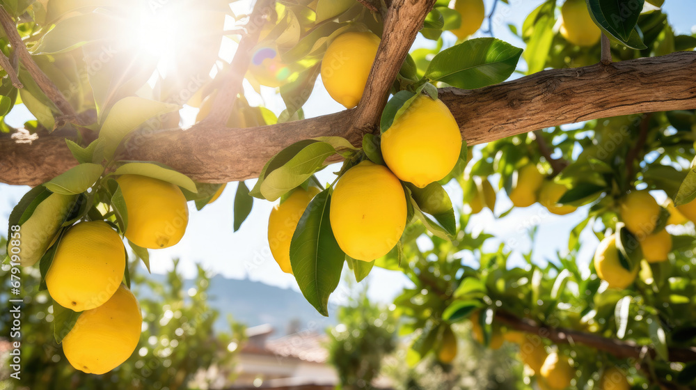 Bunches of fresh yellow ripe lemons on lemon tree branches in Italian garden