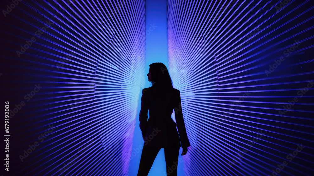 silhouette of a person in a light, businesswoman silhouette on bright blue lines background. 