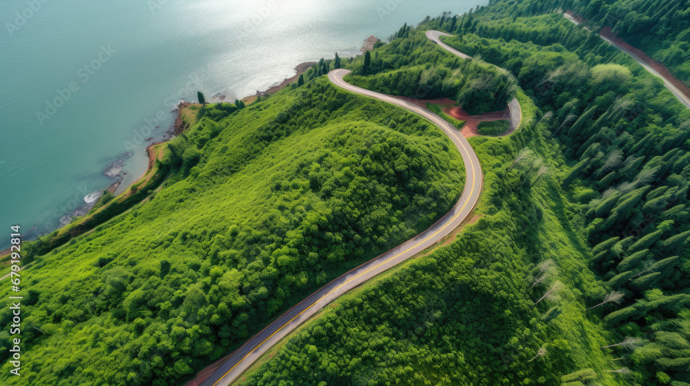 view of highway in the mountains, Top view of countryside road passing through the green forrest and mountain