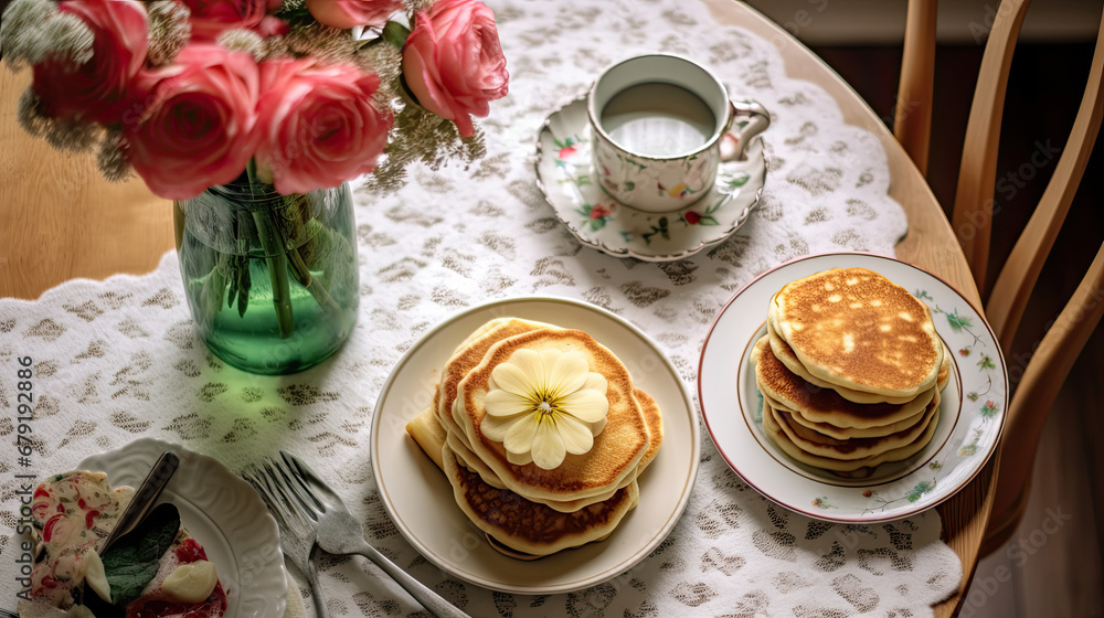 homemade breakfast - pancakes with apple sauce, vintage dishes, a bouquet of dahlias on a retro tablecloth on a wooden table