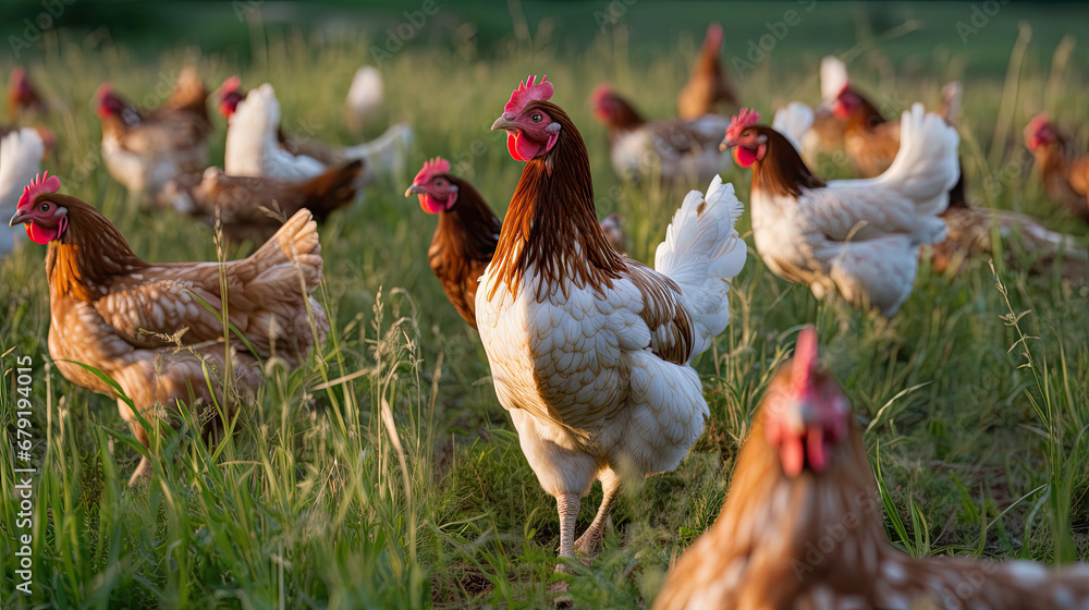 range chickens on grass, Happy free range chicken in the meadow