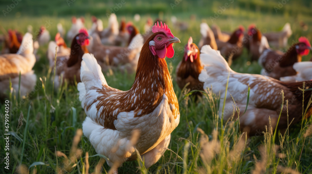 range chickens on grass, Happy free range chicken in the meadow