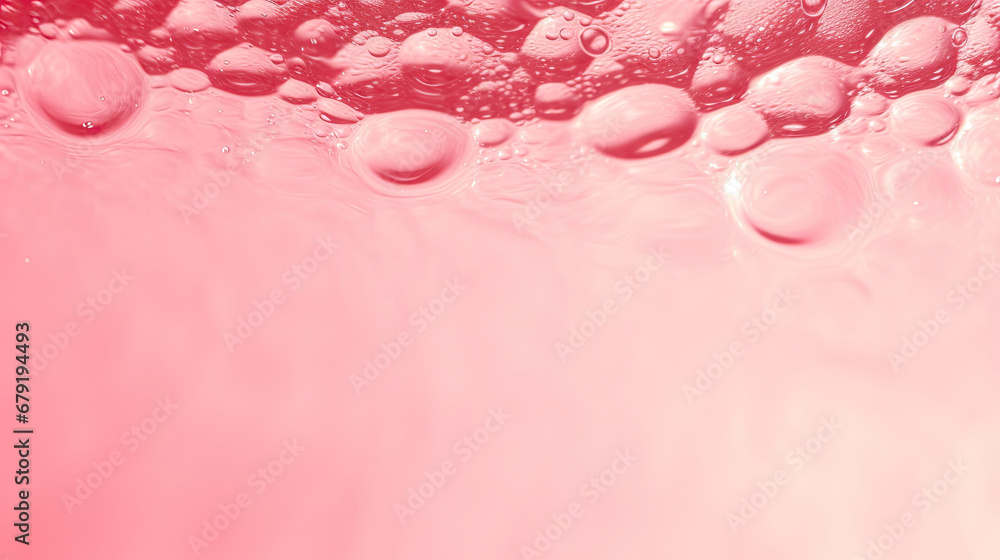 Transparent red liquid colored clear water surface texture with ripples, splashes and bubbles. Abstract nature background Water waves in sunlight with copy space , soft red water, soft pink water	 