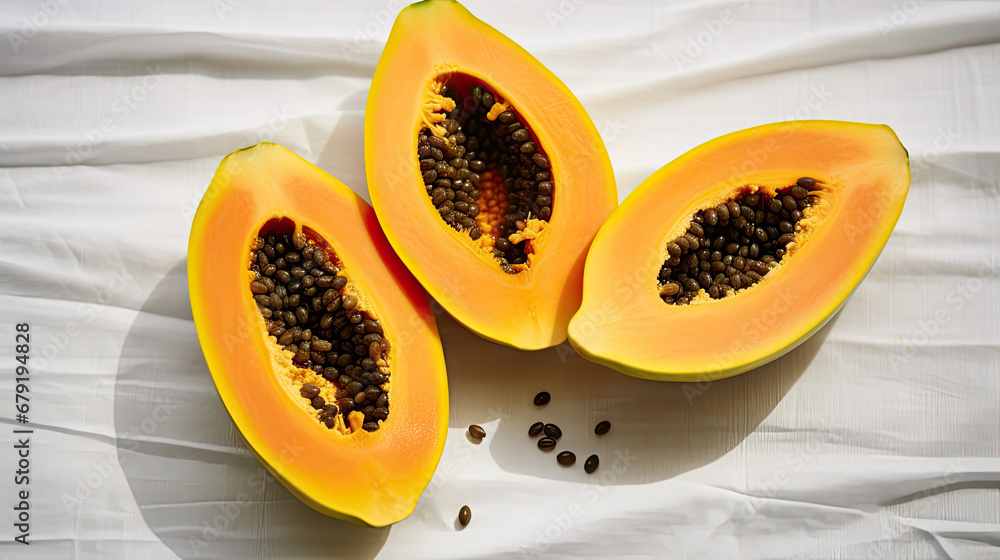 papaya fruit on a white background, Ripe papaya pieces with seeds on table