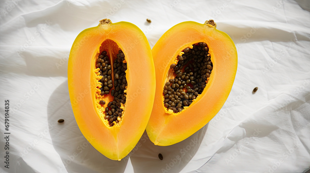 papaya fruit on a white background, Ripe papaya pieces with seeds on table