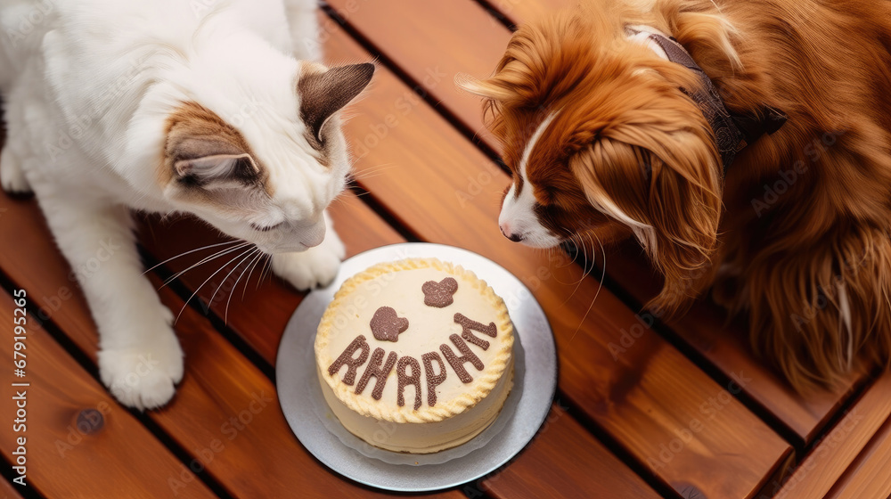 Animals birthday party. Dog and cats celebrate birthday. Cake for pet made of cookies in shape of meat bones.