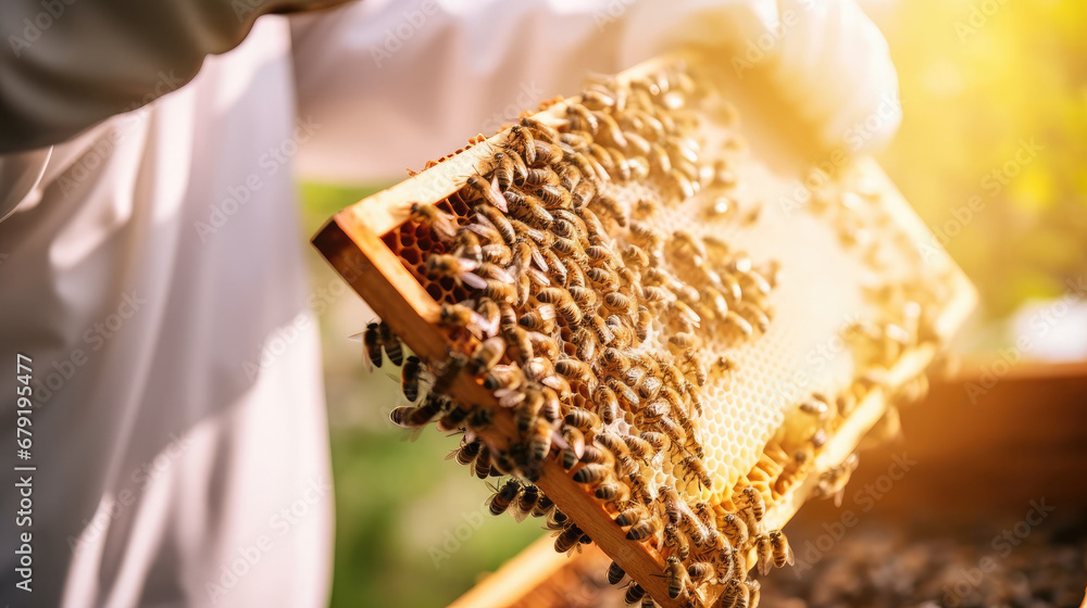 Beekeeper holding frame with honey comb. Selective focus. Agriculture industry. Production of sweet gold organic product for human consumption. Popular garden hobby.