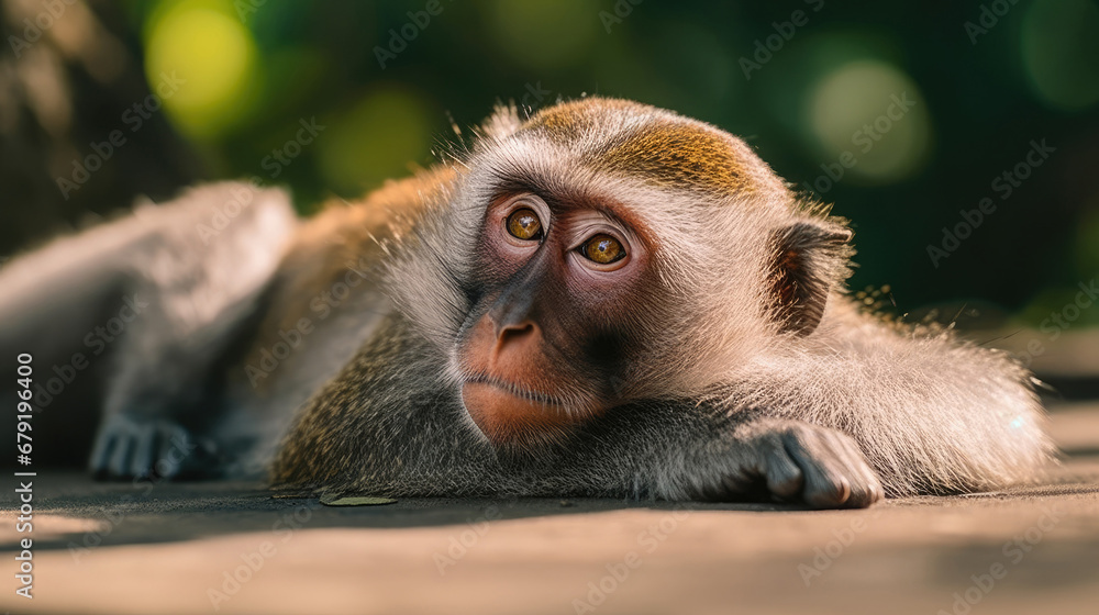 close up of a macaque, Close up shot of lying relaxed monkey watching careful