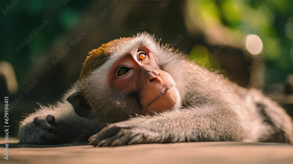 close up of a macaque, Close up shot of lying relaxed monkey watching careful