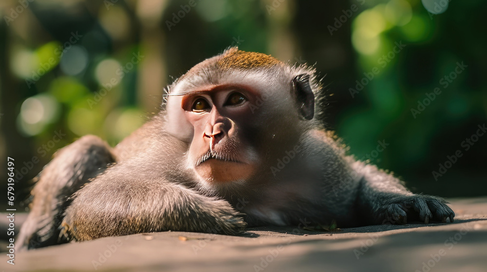 close up of a macaque, Close up shot of lying relaxed monkey watching careful