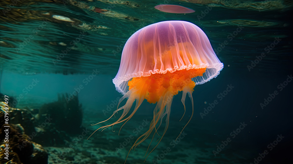 A small pink jellyfish swims just under the surface of the sea