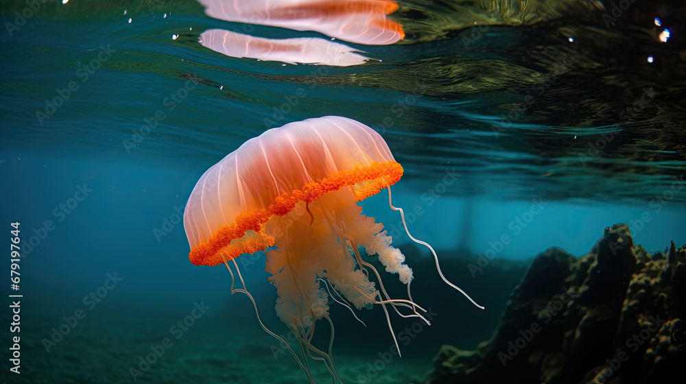 A small pink jellyfish swims just under the surface of the sea