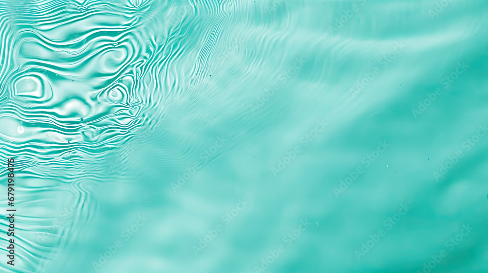 Transparent green teal liquid colored clear water surface texture with ripples, splashes and bubbles. Abstract nature background Water waves in sunlight with copy space , soft green water	 