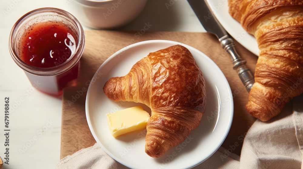 Breakfast with croissant and tea