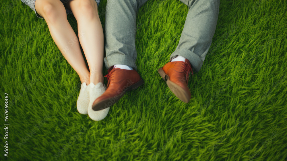 Couple sitting together on green grass. Boys and girls legs on green grass