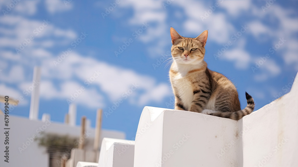 Cats lie on roofs of the white-walled houses 