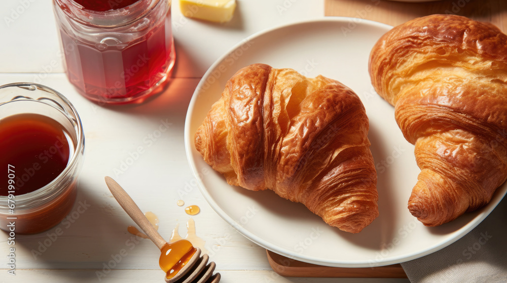 Breakfast with croissant and tea