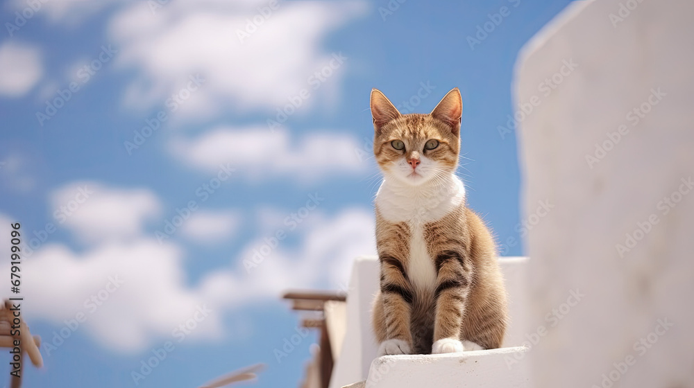 Cats lie on roofs of the white-walled houses 