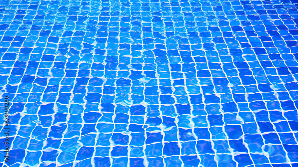  blue tiles floor under the clear water in the swimming pool background, Swimming pool surface with floor mosaic tiles in blue