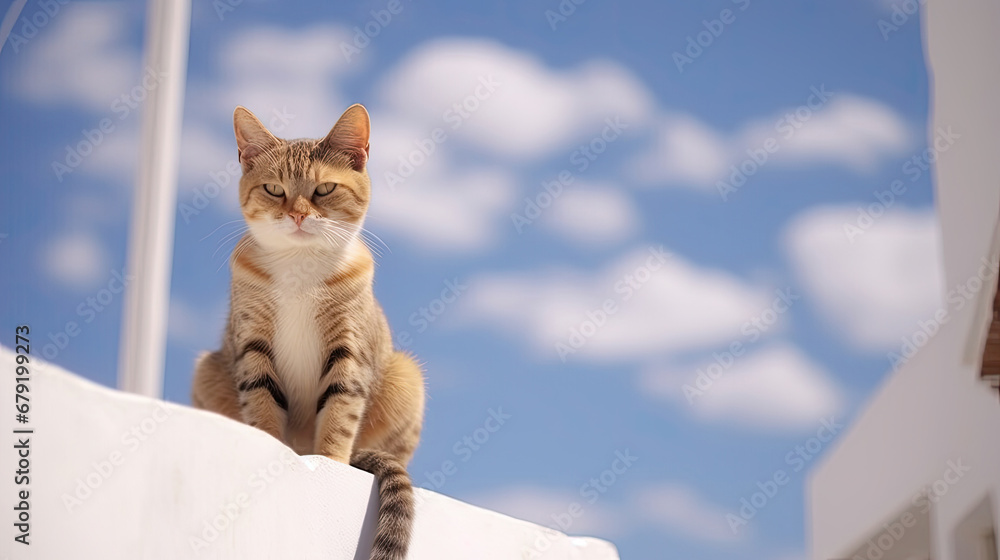 Cats lie on roofs of the white-walled houses 