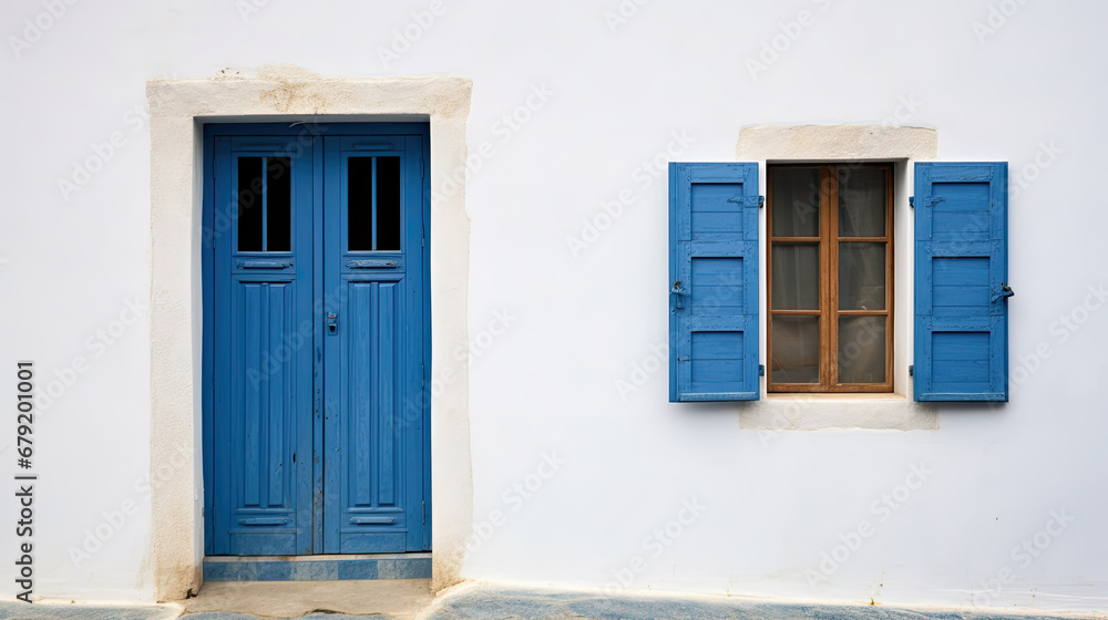 blue door and window, Old ancient colorful textured door and window in a stone wall,  Vintage doorway. Traditional European, Greek architecture. Summer travel