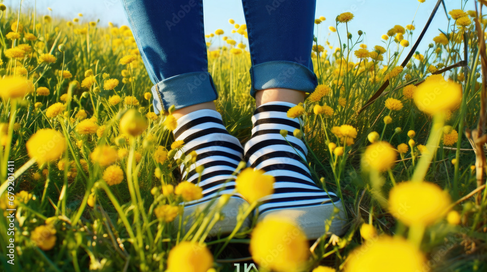 Close up female feet wearing jeans and striped black and yellow orange socks with flowers inside standing onthe green grass of blooming meadow.Concept of bee protection, bloom season, art, creativity.