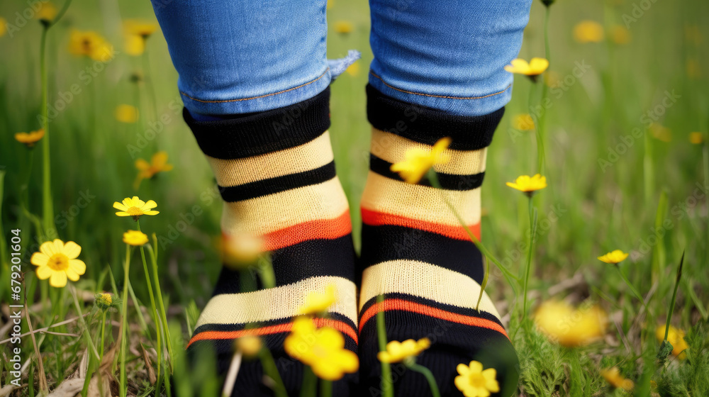 Close up female feet wearing jeans and striped black and yellow orange socks with flowers inside standing onthe green grass of blooming meadow.Concept of bee protection, bloom season, art, creativity.