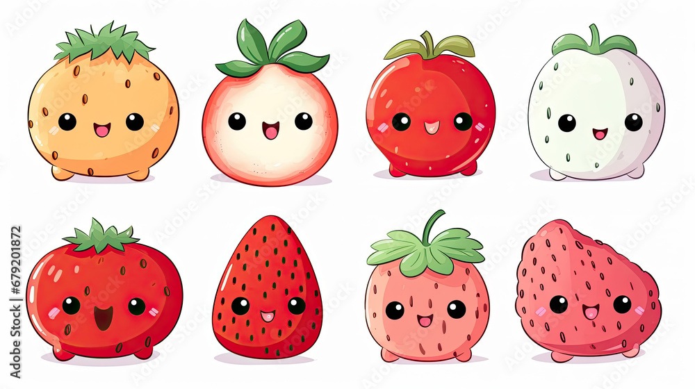 set of funny kawaii fruits and vegetables