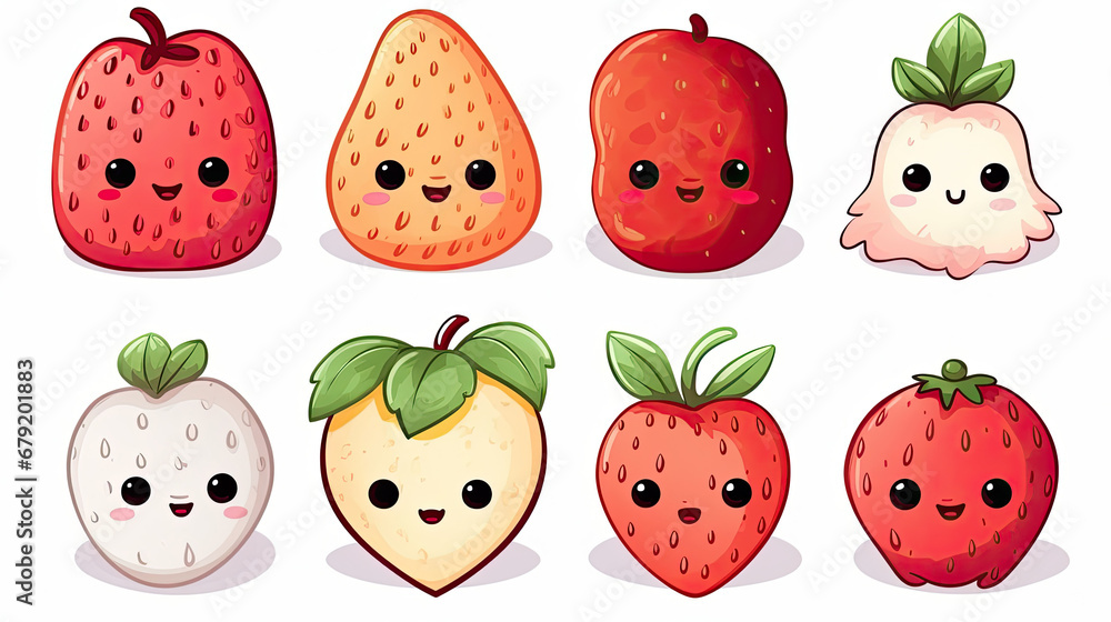 set of funny kawaii fruits and vegetables