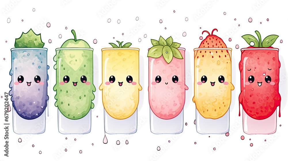 set of funny kawaii fruits and vegetables