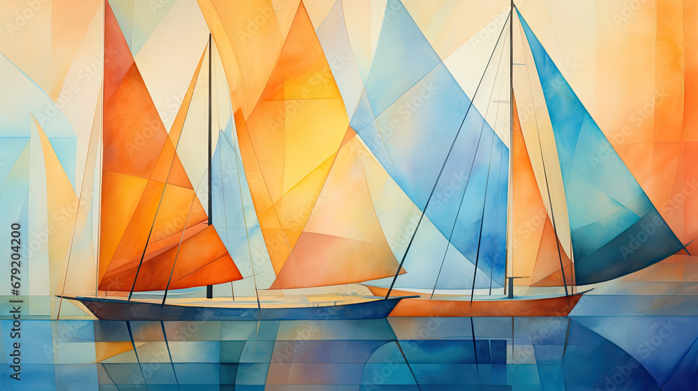 boat abstract watercolor art, sailing in the sea art