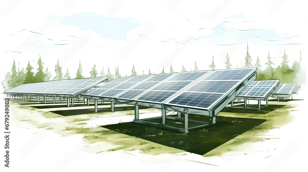 A conceptual illustration of a large scale solar panel farm project, with rows of photovoltaic panels spread across an open field, depicted as an project sketch.