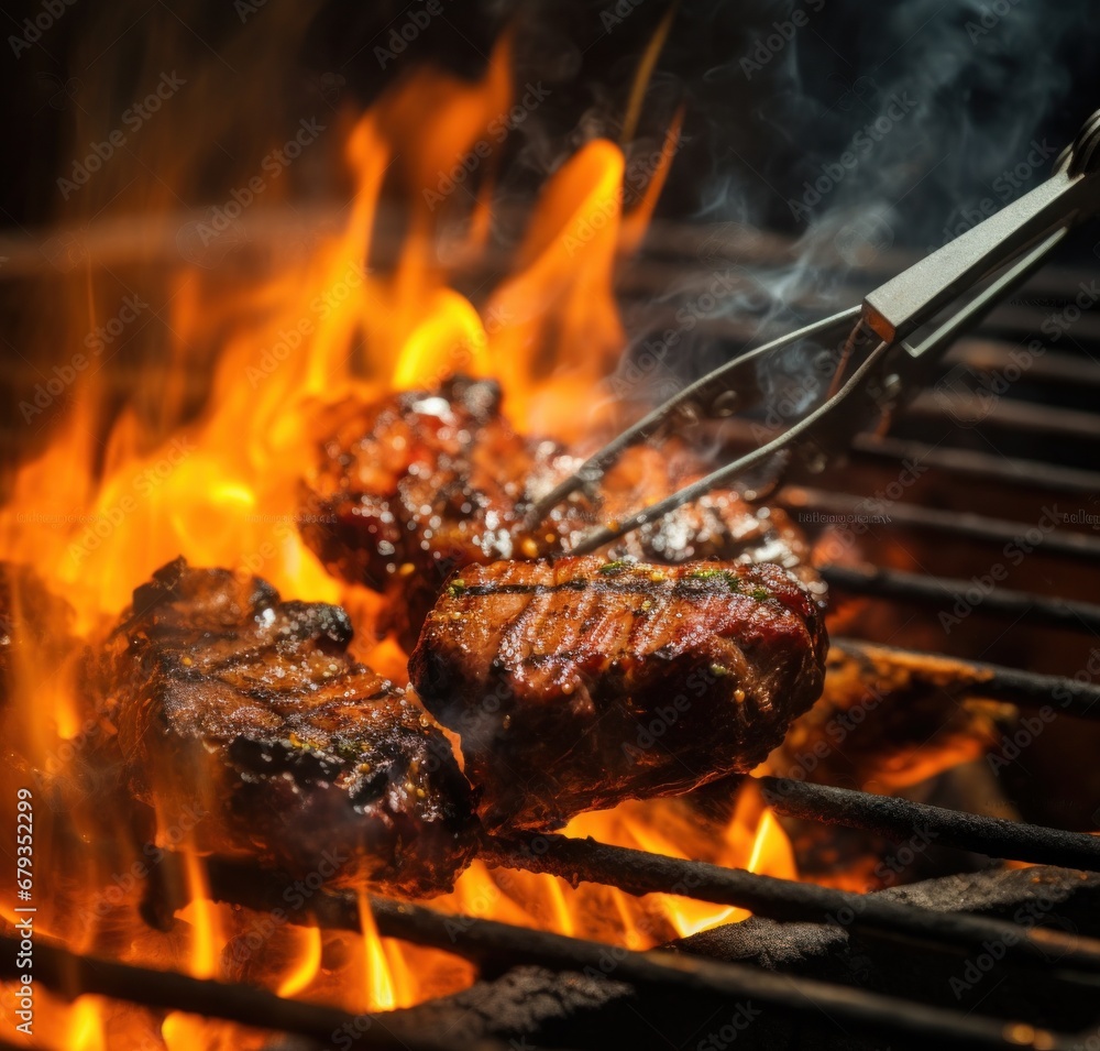 grill steak on fire with tongs