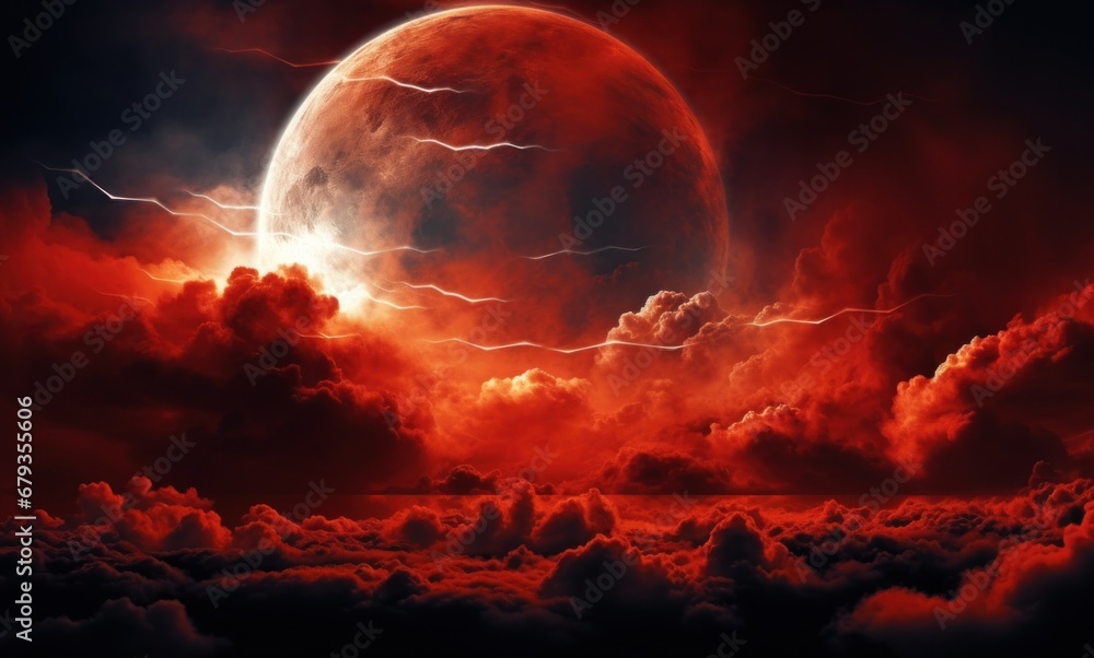 a red moon with clouds in the sky