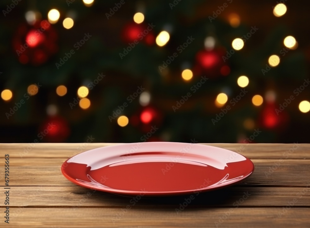 with red plate and silverware on a wooden table with christmas tinsel