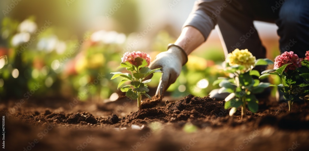 person holding an digging tool and planting flowers in the garden